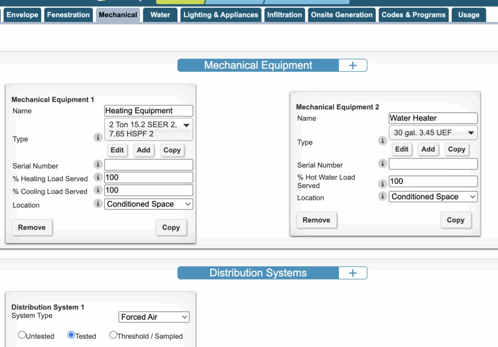 REM energy modeling software showing mechanical equipment inputs